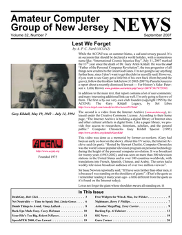 Amateur Computer Group of New Jersey NEWS Volume 32, Number 7 September 2007 Lest We Forget by A