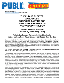 The Public Theater Announces Complete Casting for New York Premiere of the Vagrant Trilogy