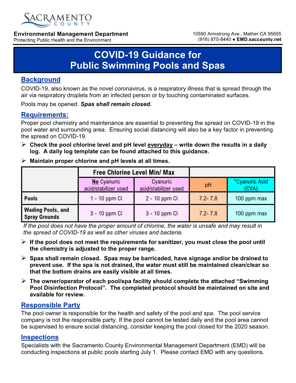 COVID-19 Guidance for Public Swimming Pools and Spas