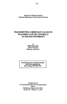 Transmitting Christian Values in Teaching Law of Contract at Solusi University