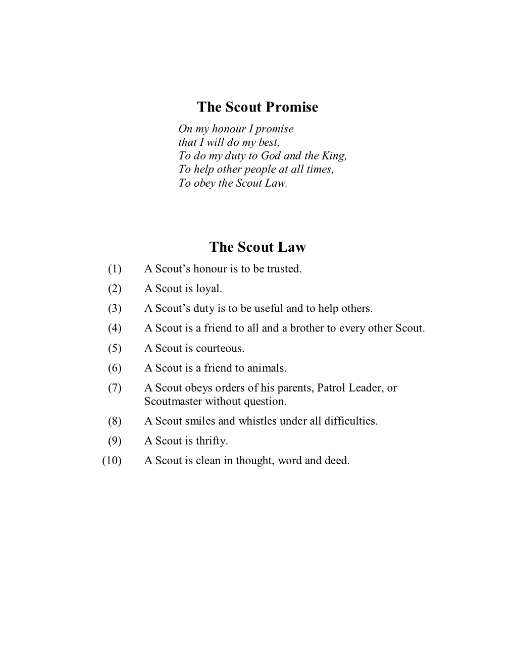 The Scout Promise on My Honour I Promise That I Will Do My Best, to Do My Duty to God and the King, to Help Other People at All Times, to Obey the Scout Law