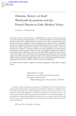 Witchcraft Accusations and the French Disease in Early Modern Venice