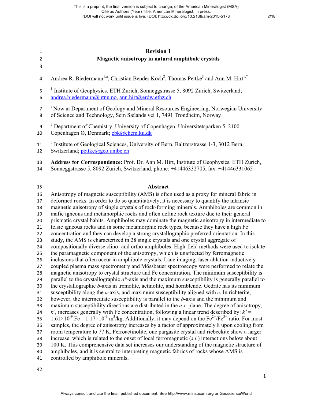 Revision 1 Magnetic Anisotropy in Natural Amphibole Crystals Andrea