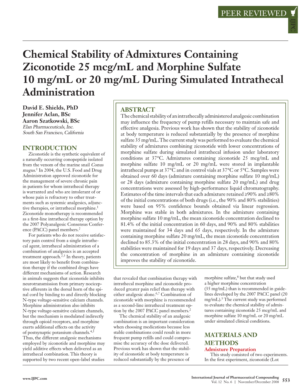 Chemical Stability of Admixtures Containing Ziconotide 25 Mcg-Ml