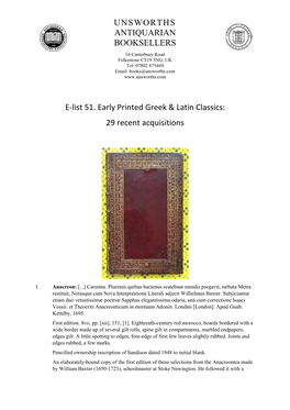 Early Printed Greek & Latin Classics