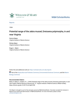 Potential Range of the Zebra Mussel, Dreissena Polymorpha, in and Near Virginia