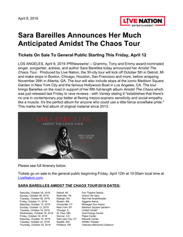 Sara Bareilles Announces Her Much Anticipated Amidst the Chaos Tour