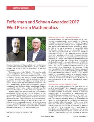 Fefferman and Schoen Awarded 2017 Wolf Prize in Mathematics