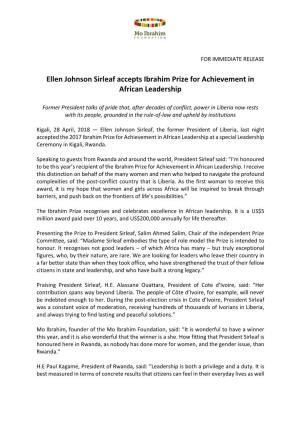 Ellen Johnson Sirleaf Accepts Ibrahim Prize for Achievement in African Leadership