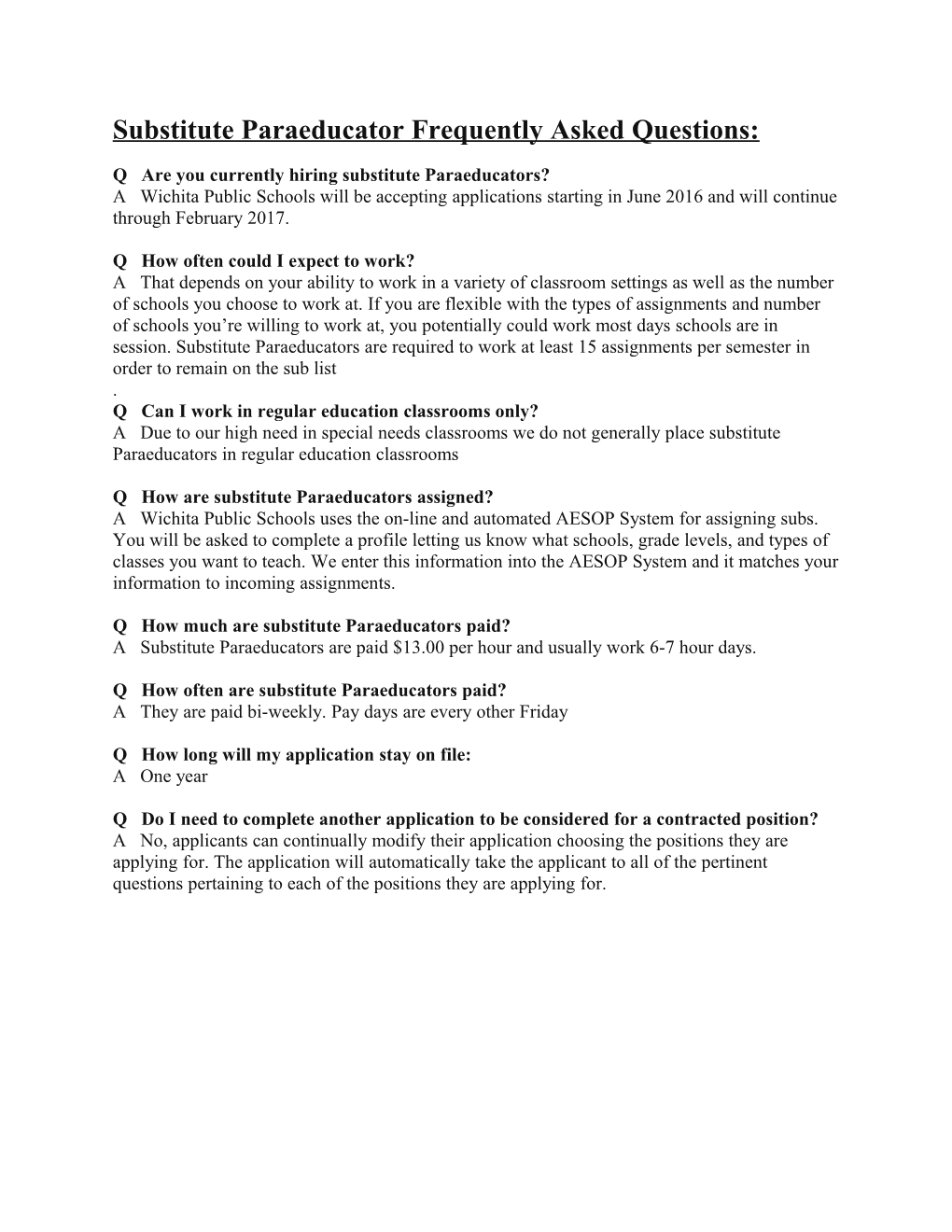 Substitute Paraeducator Frequently Asked Questions