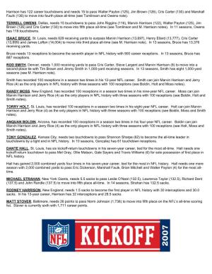 Jim Brown (126), Cris Carter (130) and Marshall Faulk (136) to Move Into Fourth Place All-Time (See Tomlinson and Owens Note)