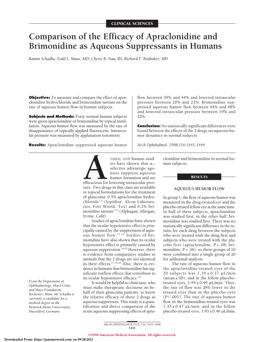 Comparison of the Efficacy of Apraclonidine and Brimonidine As Aqueous Suppressants in Humans