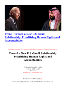 Event &#8211; Toward a New U.S.-Saudi Relationship: Prioritizing Human Rights and Accountability