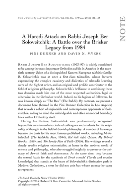 A Haredi Attack on Rabbi Joseph Ber Soloveitchik: a Battle Over the Brisker NOTE Legacy from 1984 PINI DUNNER and DAVID N