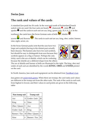 Swiss Jass the Rank and Values of the Cards