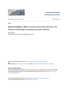 Review of Stefan C. Reif, a Jewish Archive from Old Cairo: the History of Cambridge University's Genizah Collection