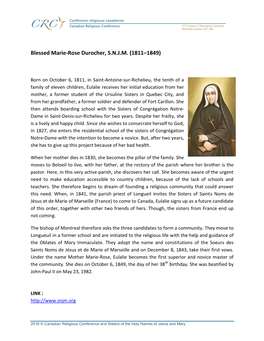 Blessed Marie-Rose Durocher, S.N.J.M. (1811–1849)