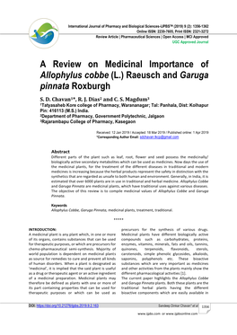 A Review on Medicinal Importance of Allophylus Cobbe (L.) Raeusch and Garuga Pinnata Roxburgh