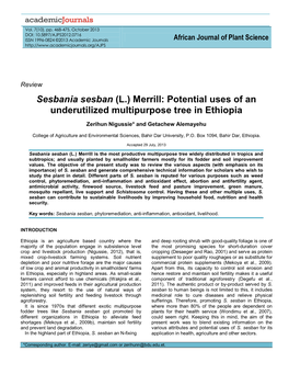 Sesbania Sesban (L.) Merrill: Potential Uses of an Underutilized Multipurpose Tree in Ethiopia