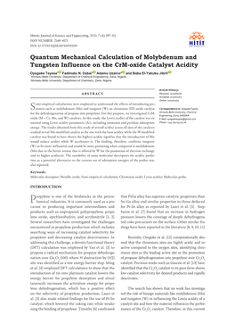 Quantum Mechanical Calculation of Molybdenum and Tungsten Influence on the Crm-Oxide Catalyst Acidity Oyegoke Toyese1 Fadimatu N