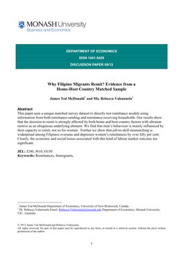 Why Filipino Migrants Remit? Evidence from a Home-Host Country Matched Sample