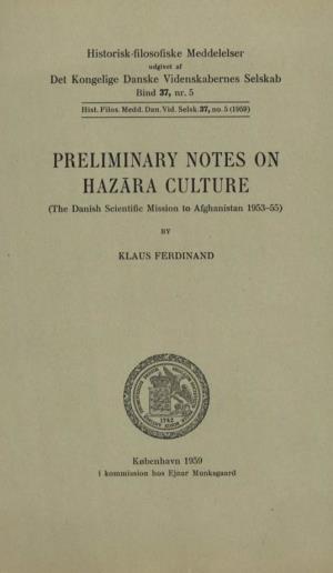 PRELIMINARY NOTES on HAZARA CULTURE (The Danish Scientific Mission to Afghanistan 1953-55)
