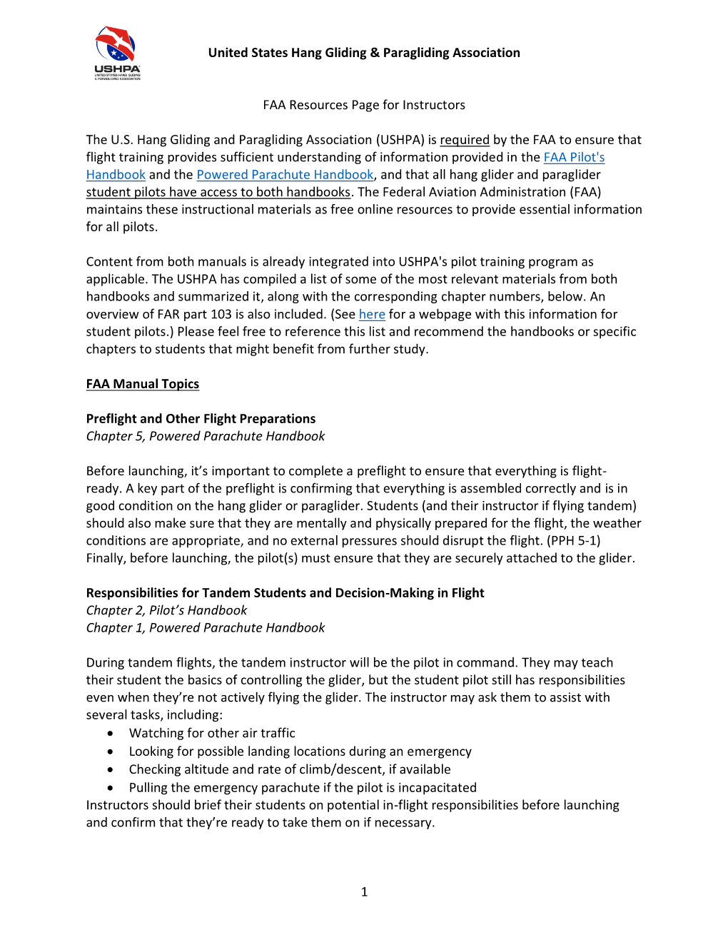 United States Hang Gliding & Paragliding Association 1 FAA Resources Page for Instructors the U.S. Hang Gliding and Paraglid