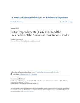 British Impeachments (1376-1787) and the Preservation of the American Constitutional Order Frank O