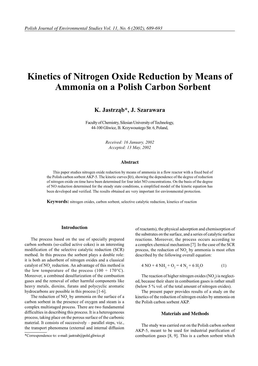 Kinetics of Nitrogen Oxide Reduction by Means of Ammonia on a Polish Carbon Sorbent