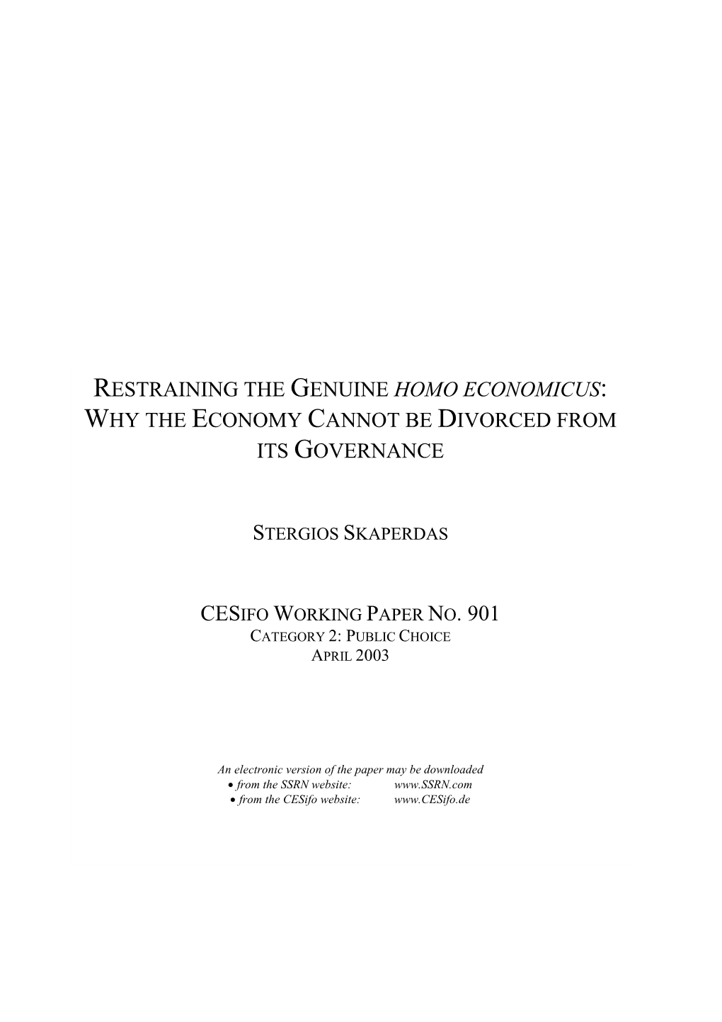 Homo Economicus: Why the Economy Cannot Be Divorced from Its Governance