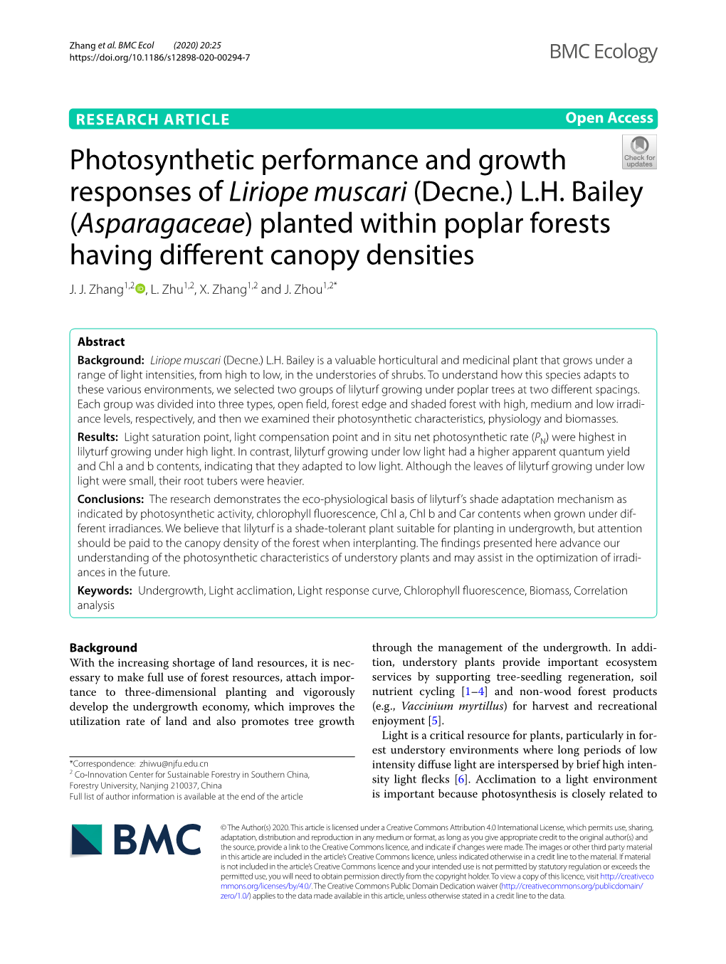 Photosynthetic Performance and Growth Responses of Liriope Muscari (Decne.) L.H