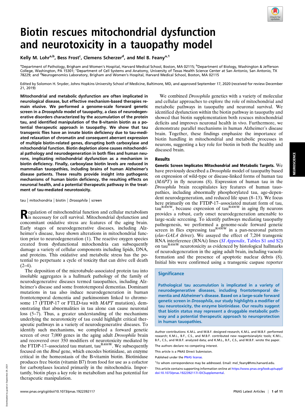 Biotin Rescues Mitochondrial Dysfunction and Neurotoxicity in a Tauopathy Model