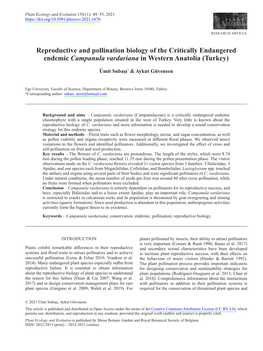 Reproductive and Pollination Biology of the Critically Endangered Endemic Campanula Vardariana in Western Anatolia (Turkey)