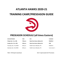 Atlanta Hawks 2020-21 Training Camp/Preseason Guide