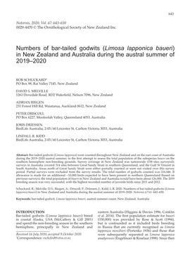Numbers of Bar-Tailed Godwits (Limosa Lapponica Baueri) in New Zealand and Australia During the Austral Summer of 2019–2020