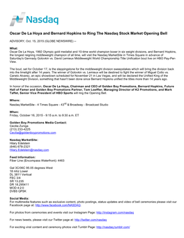 Oscar De La Hoya and Bernard Hopkins to Ring the Nasdaq Stock Market Opening Bell
