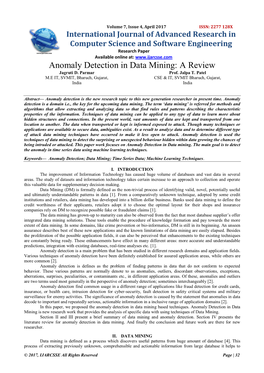 Anomaly Detection in Data Mining: a Review Jagruti D