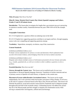 PIER Summer Institutes 2014 Lesson Plan for Classroom Teachers Based on the SEED Common Core of Teaching (CCT) Rubric for Effective Teaching