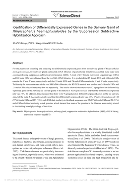 Rhipicephalus Haemaphysaloides by the Suppression Subtractive Hybridization Approach
