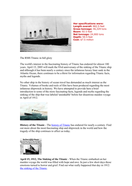 The RMS Titanic in Full Glory the World's Interest in the Fascinating