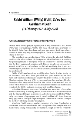 Rabbi William (Willy) Wolff, Ze’Ev Ben Avraham V’Leah (13 February 1927–8 July 2020)