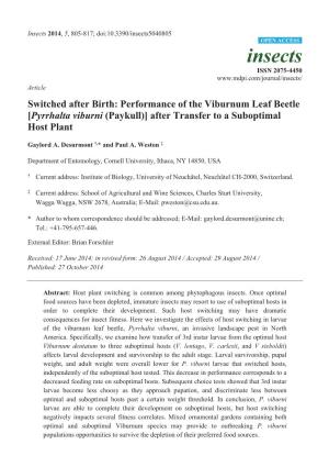 Pyrrhalta Viburni (Paykull)] After Transfer to a Suboptimal Host Plant