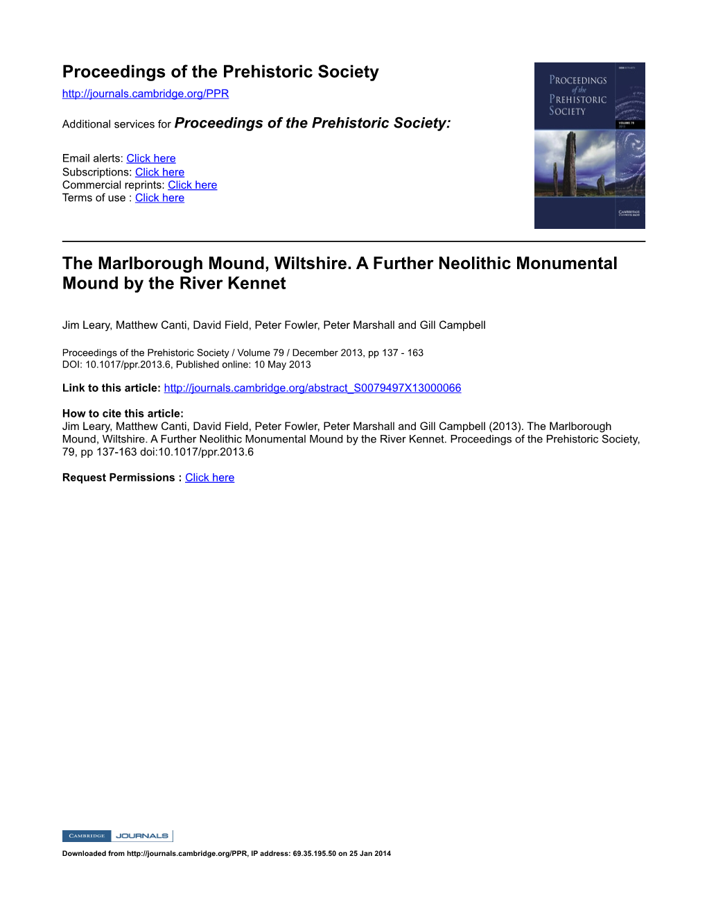 Proceedings of the Prehistoric Society the Marlborough Mound, Wiltshire