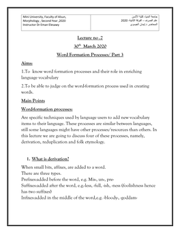 Lecture No .7 30Th March 2020 Word Formation Processes