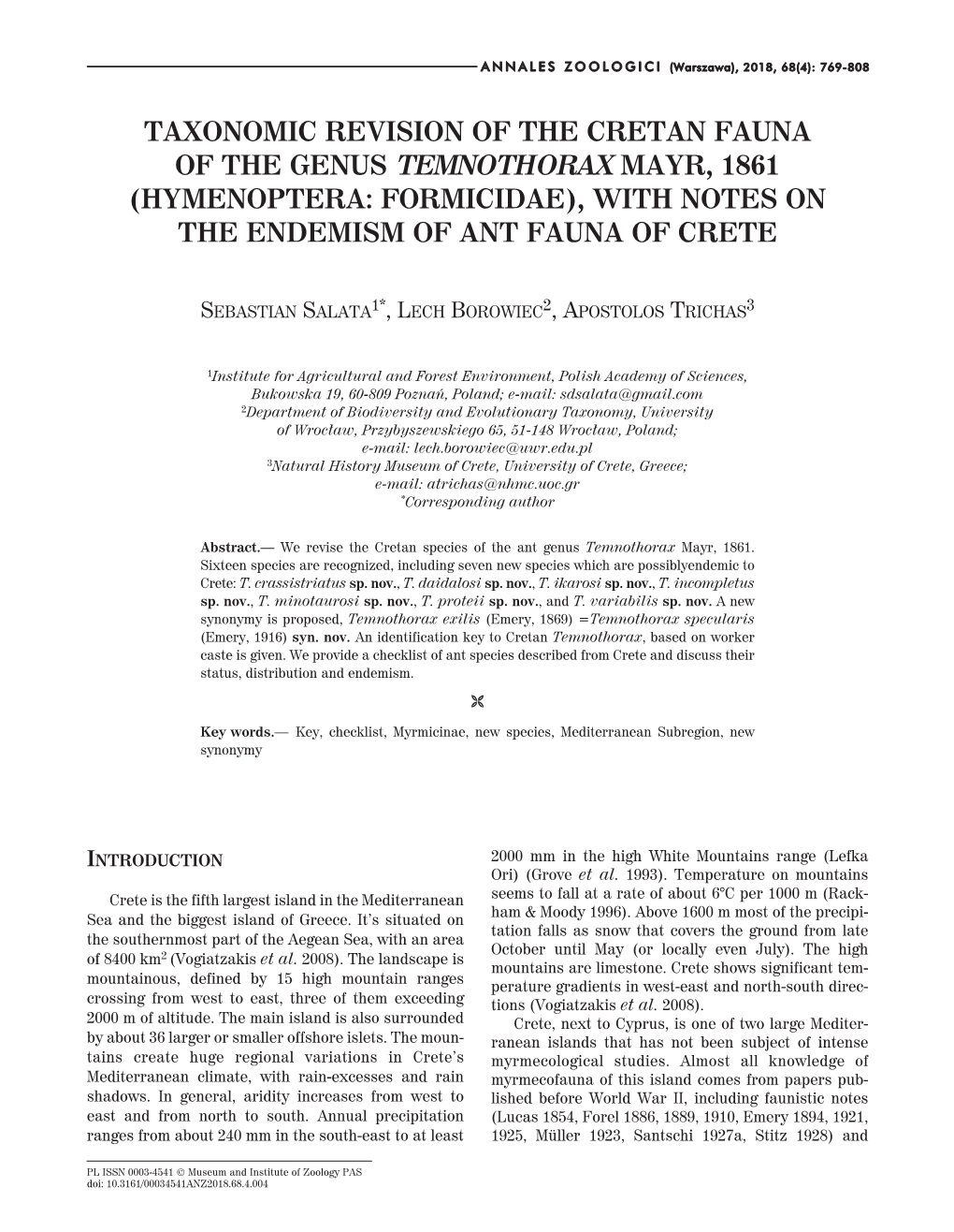 Taxonomic Revision of the Cretan Fauna of the Genus Temnothorax Mayr, 1861 (Hymenoptera: Formicidae), with Notes on the Endemism of Ant Fauna of Crete