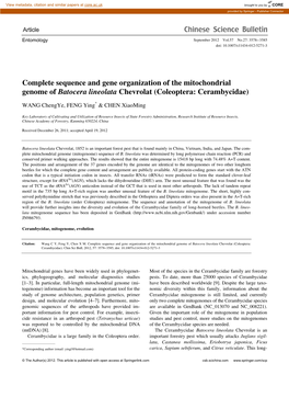 Complete Sequence and Gene Organization of the Mitochondrial Genome of Batocera Lineolata Chevrolat (Coleoptera: Cerambycidae)