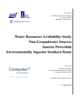 Water Resources Availability Study Non-Groundwater Sources Sunrise Powerlink Environmentally Superior Southern Route