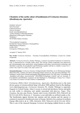 Chemistry of the Earthy Odour of Basidiomata of Cortinarius Hinnuleus (Basidiomycota, Agaricales)
