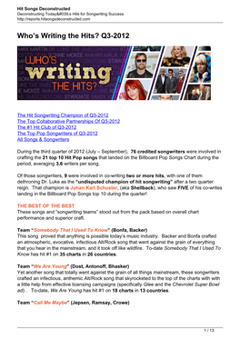 Who's Writing the Hits? Q3-2012