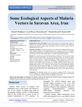 Some Ecological Aspects of Malaria Vectors in Saravan Area, Iran
